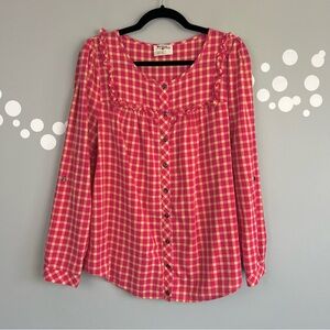 Anthropologie Holding Horses Gingham Ruffled Yoke Top Shirt Size 8
